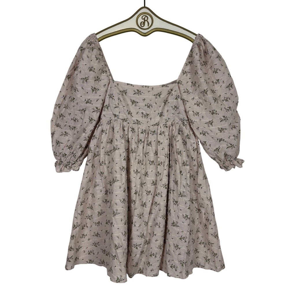 Storia Babydoll Mini Dress Pink Floral Puff Sleeve Cottagecore Coquette Large